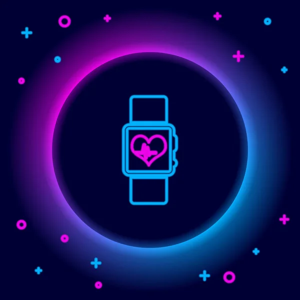 Glowing Neon Line Smart Watch Showing Heart Beat Rate Icon — Stock Vector