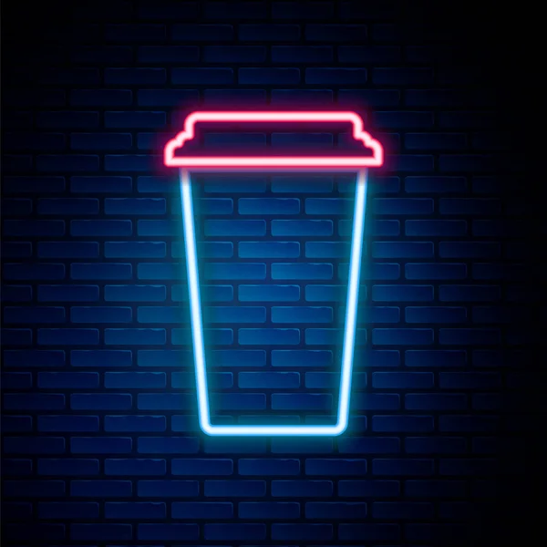 Glödande Neon Linje Kaffe Kopp Ikon Isolerad Tegel Vägg Bakgrund — Stock vektor