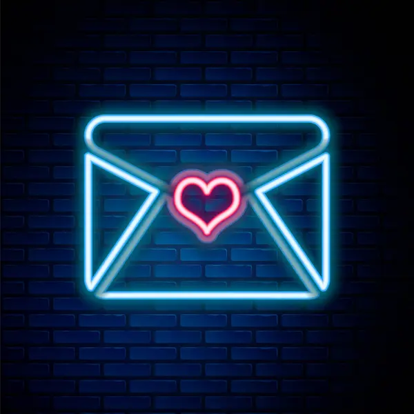 Glowing Neon Line Envelope Valentine Heart Icon Isolated Brick Wall — Stock Vector