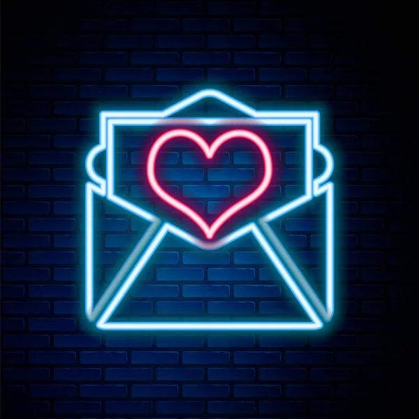 Gloeiende Neon Lijn Envelop Met Valentine Hart Pictogram Geïsoleerd Baksteen — Stockvector