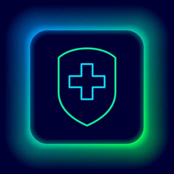 Glowing Neon Line Medical Shield Cross Icon Isolated Black Background — Stock Vector