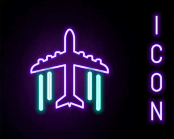 Świecąca Neonowa Ikona Samolot Izolowany Czarnym Tle Ikona Latającego Samolotu — Wektor stockowy