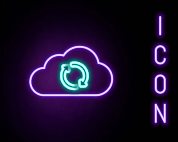 Gloeiende Neon Lijn Cloud Sync Vernieuwen Pictogram Geïsoleerd Zwarte Achtergrond — Stockvector