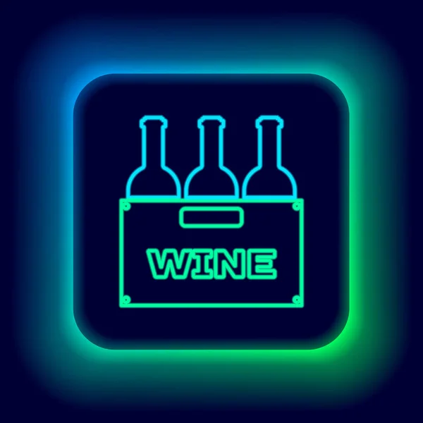 Glowing Neon Line Bottles Wine Wooden Box Icon Isolated Black — Stock Vector