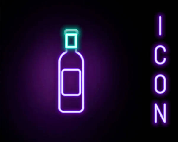 Gloeiende Neon Lijn Fles Van Wijn Pictogram Geïsoleerd Zwarte Achtergrond — Stockvector