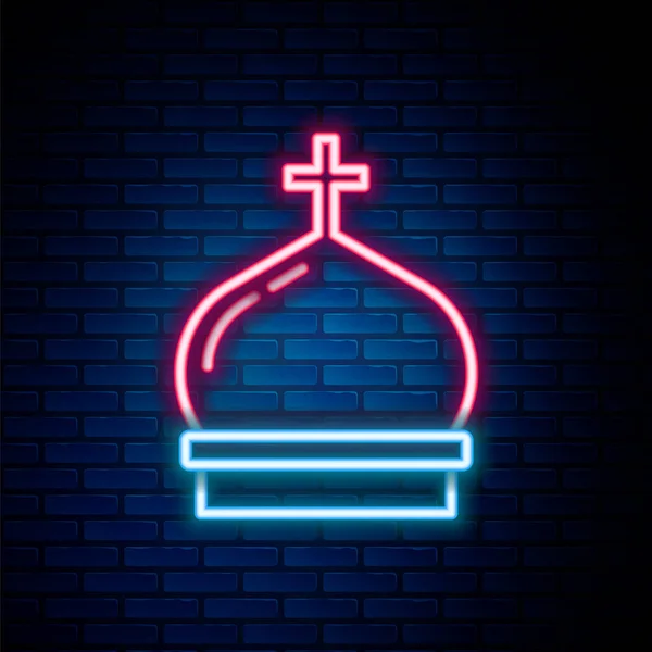 Glowing neon line Christian church tower icon isolated on brick wall background. Religion of church. Colorful outline concept. Vector