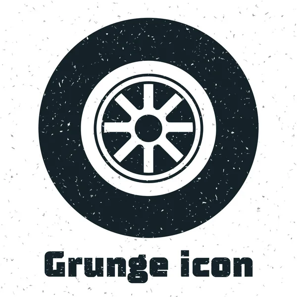 Grunge Icône Roue Voiture Isolé Sur Fond Blanc Dessin Vintage — Image vectorielle
