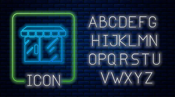 Gloeiende Neon Shopping Gebouw Winkel Pictogram Geïsoleerd Baksteen Muur Achtergrond — Stockvector