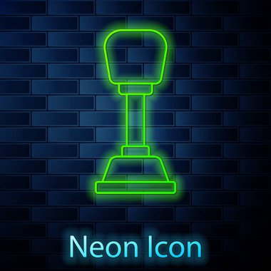 Parlayan neon çizgisi şekil değiştiren simgesi tuğla duvar arka planında izole edildi. Elle iletim simgesi. Vektör