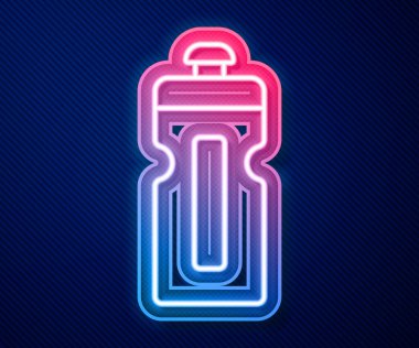 Parlayan neon hattı fitness karıştırıcı ikonu mavi arkaplanda izole edildi. Su ve protein kokteylleri için kapaklı spor karıştırıcı şişesi. Vektör