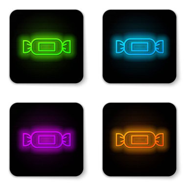 Parlayan neon hattı Candy simgesi beyaz arkaplanda izole edildi. Siyah kare düğme. Vektör