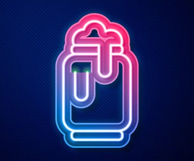 Parlayan neon hattı bira kutusu ve mavi arka planda izole edilmiş köpük ikonu. Vektör