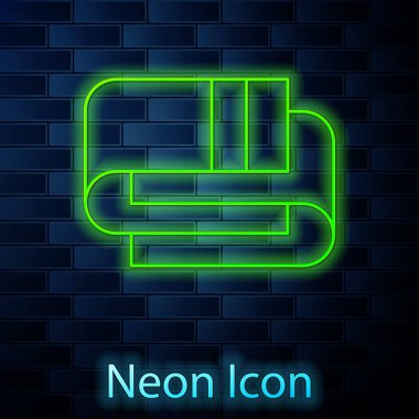 Parlayan neon hattı havlu yığını simgesi tuğla duvar arka planında izole edildi. Vektör