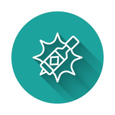 Beyaz çizgi Tabasco sosu ikonu uzun gölge arkaplanı ile izole edilmiş. Kırmızı biberli baharatlı biber sosu. Yeşil daire düğmesi. Vektör