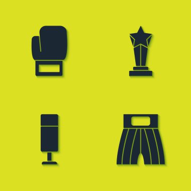 Boks eldiveni, kısa, kum torbası ve ödül kupası ikonu. Vektör