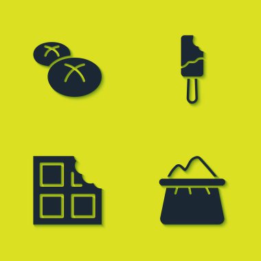 Set ekmek, bir torba un, çikolata ve dondurma ikonu. Vektör