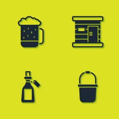 Ahşap bira bardağı, sauna kovası, gerekli yağ şişesi ve ahşap hamam ikonu. Vektör