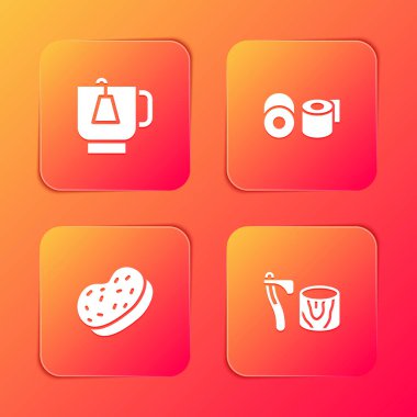 Çay poşetli çay, tuvalet kağıdı rulosu, banyo süngeri ve kütük ikonunda tahta balta. Vektör