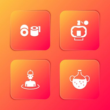 Tuvalet kağıdı rulosu, tıraş losyonu, saunadaki adam ve şişe ikonu hazırla. Vektör