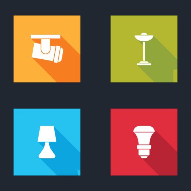 Pist ışıkları ve lambaları, zemin, masa ve LED ampul simgesini ayarla. Vektör