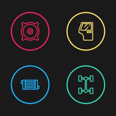 Araba radyatörü soğutma sistemi, Chassis arabası, kapı ve ses hoparlörü ikonu ayarlayın. Vektör