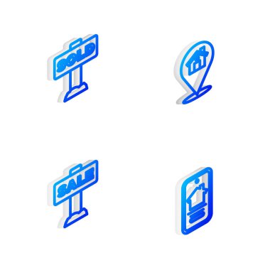 Isometric hattı konumunu ev ile ayarla, asma tabelası satıldı, satıldı ve çevrimiçi emlak simgesi. Vektör