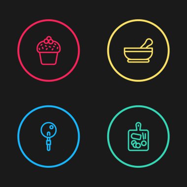 Hattı belirle, lolipop, kesme tahtası, havan topu, tokmak ve pasta ikonu. Vektör