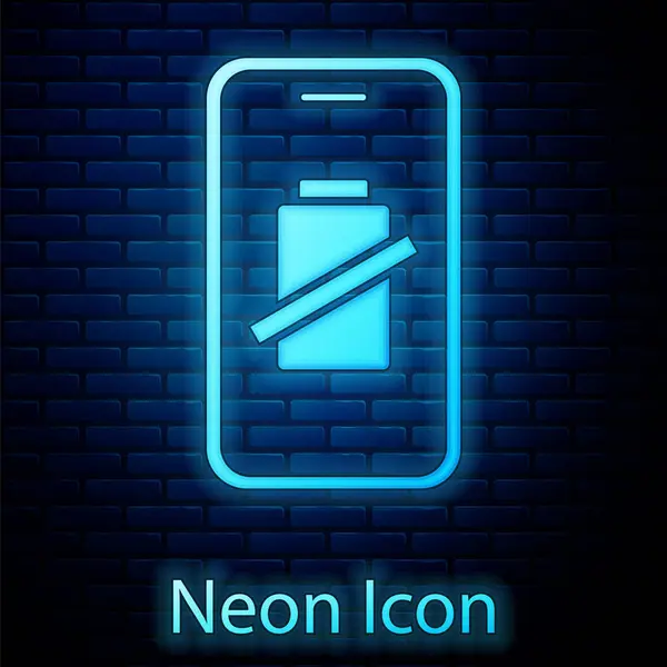 Zářící Neon Smartphone Baterie Ikona Izolované Pozadí Cihlové Zdi Telefon — Stockový vektor