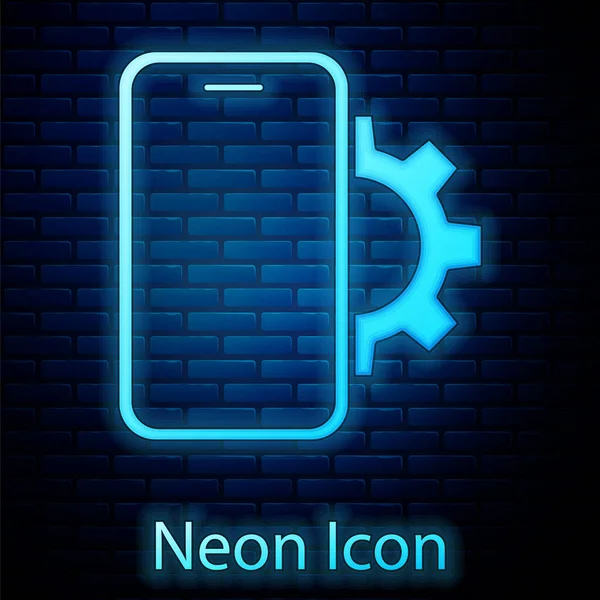 Glowing Neon Phone Repair Service Icon Isolated Brick Wall Background — Stock Vector