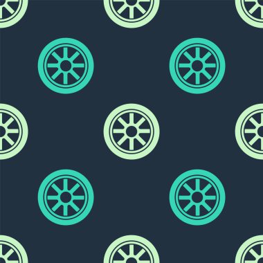 Yeşil ve bej renkli araba tekerleği ikonu mavi arka planda izole edilmiş pürüzsüz desen. Vektör