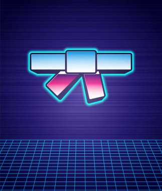 Siyah karate kuşağı ikonu izole edilmiş fütüristik peyzaj arka planı. 80 'lerin moda partisi. Vektör