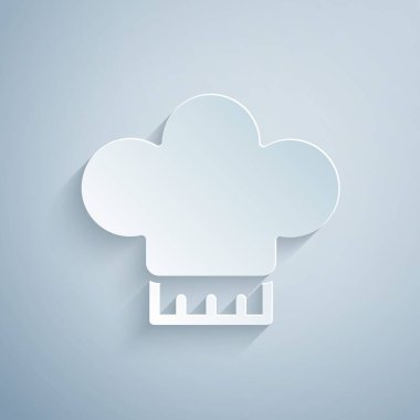 Kağıt kesiği Şef şapkası simgesi gri arkaplanda izole edilmiş. Aşçılık sembolü. Aşçı şapkası. Kağıt sanatı tarzı. Vektör