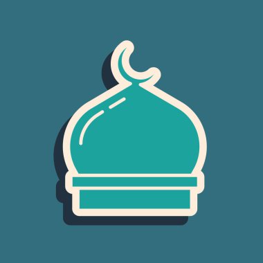 Yeşil Müslüman Camii simgesi yeşil arka planda izole edilmiş. Uzun gölge tarzı. Vektör