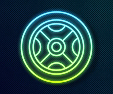 Parlak neon çizgili araba tekerleği simgesi siyah arkaplanda izole edildi. Vektör