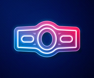 Parlayan neon hattı boks kemeri simgesi mavi arkaplanda izole edildi. Kemer boks şampiyonası dövüş ödülünü kazandı. Vektör