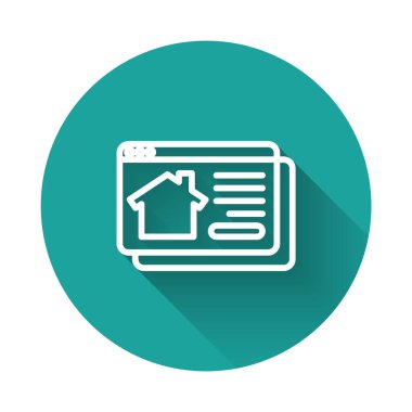 Tarayıcı simgesindeki beyaz çizgi Online emlak evi uzun gölge arkaplanlı izole edilmiş. Ev kredisi konsepti, kira, satın alma, mülk alma. Yeşil daire düğmesi. Vektör