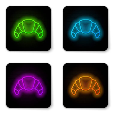 Parlayan neon hattı Croissant simgesi beyaz arkaplanda izole edildi. Siyah kare düğme. Vektör