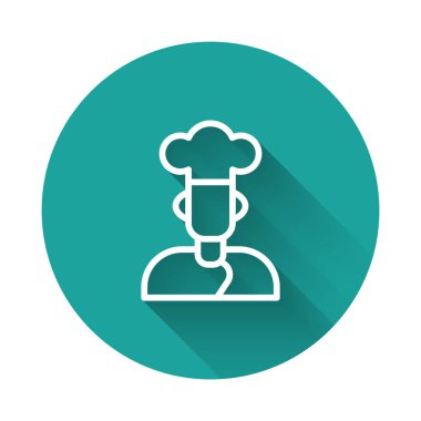 Beyaz çizgi aşçı simgesi uzun gölge arkaplan izole. Şef sembolü. Yeşil daire düğmesi. Vektör