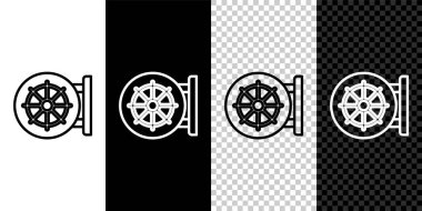 Dharma tekerleği simgesini siyah beyaz, şeffaf arkaplanda izole et. Budizm dini işareti. Dharmachakra sembolü. Vektör