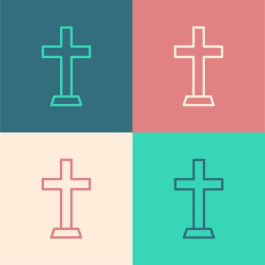 Pop sanat çizgisi Hıristiyan çapraz simgesi renk arkaplanında izole edildi. Kilise haçı. Vektör