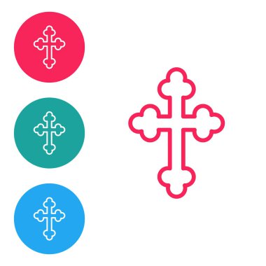 Kırmızı çizgi Hıristiyan çapraz simgesi beyaz arka planda izole edildi. Kilise haçı. Simgeleri daire düğmelerine ayır. Vektör