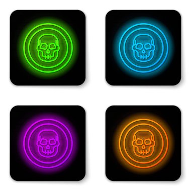 Beyaz arka planda parlayan neon hattı Meksika kurukafa sikkesi ikonu izole edildi. Siyah kare düğme. Vektör