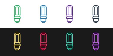 Satır LED ampul simgesini siyah ve beyaz arkaplanda izole et. Ekonomik LED ışıklı ampul. Enerji lambasını sakla. Vektör