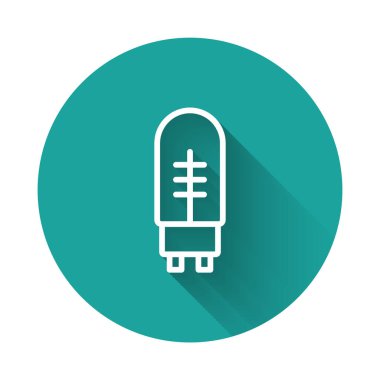 Beyaz çizgi Işık diyot simgesi yayıyor. Uzun gölge arkaplanı var. Yarı iletken diyot elektrik bileşeni. Yeşil daire düğmesi. Vektör