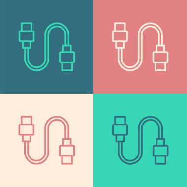 Pop sanat eseri USB kablo ikonu renk arkaplanında izole edildi. PC ve mobil cihazlar için bağlantı ve soketler. Vektör