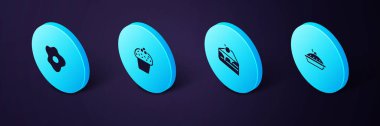 Isometric ev yapımı turta, bir dilim kek, kek ve çırpılmış yumurta ikonu. Vektör