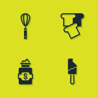 Mutfak çırpıcısını, dondurmayı, bir kavanoz şekeri ve ekmek tostunu hazırla. Vektör