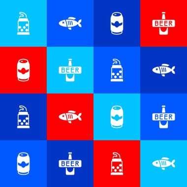 Şişe açacağı, kurutulmuş balık, bira kutusu ve şişe ikonu. Vektör