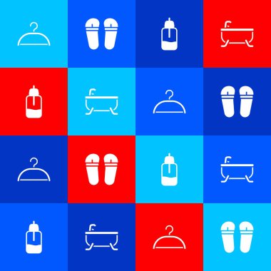 Askı dolabını, terlikleri, gerekli yağ şişesini ve küvet ikonunu hazırla. Vektör