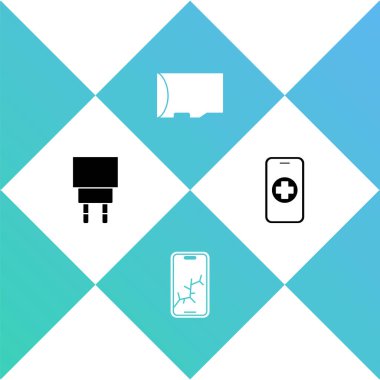 Şarj aleti, bozuk ekranlı cep telefonu, mikro SD hafıza kartı ve telefon servis simgesini ayarla. Vektör